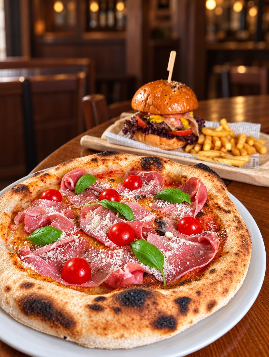 Neapolská pizza s prosciuttom, cherry paradajkami a bazalkou, v pozadí burger s hranolkami